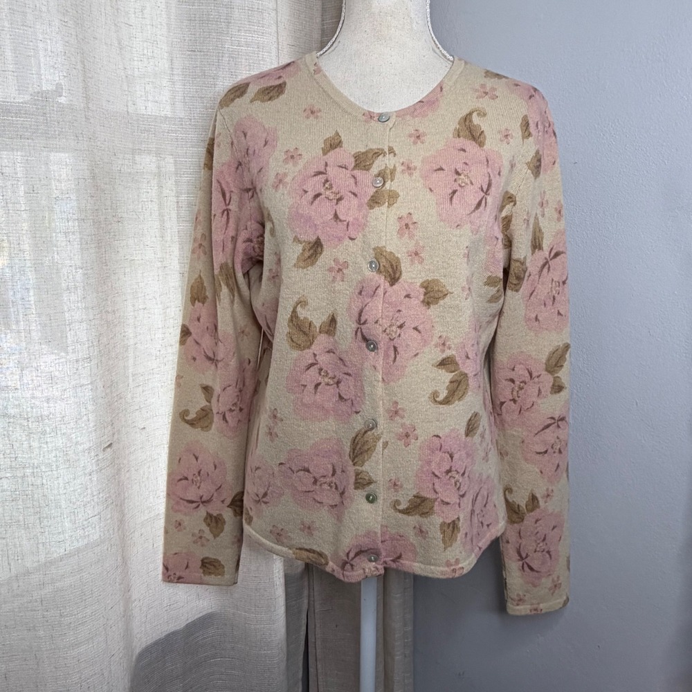 Sarah Spencer Angora Wool Cardigan Sweater Floral Rose Pink Cream Women's Large